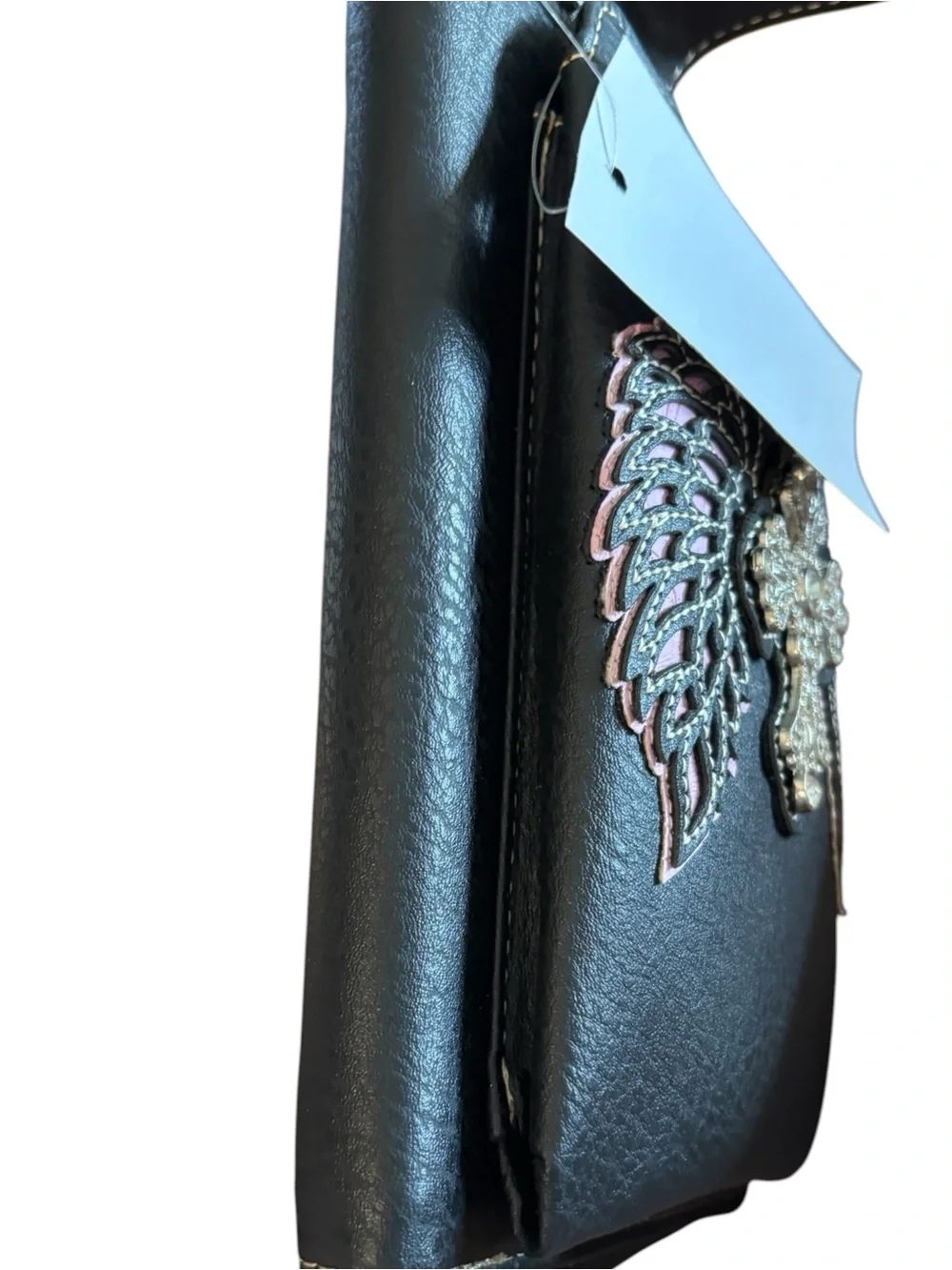 Black Vegan Leather Crossbody Phone Pouch Winged Crystal Cross Accent Wristband
